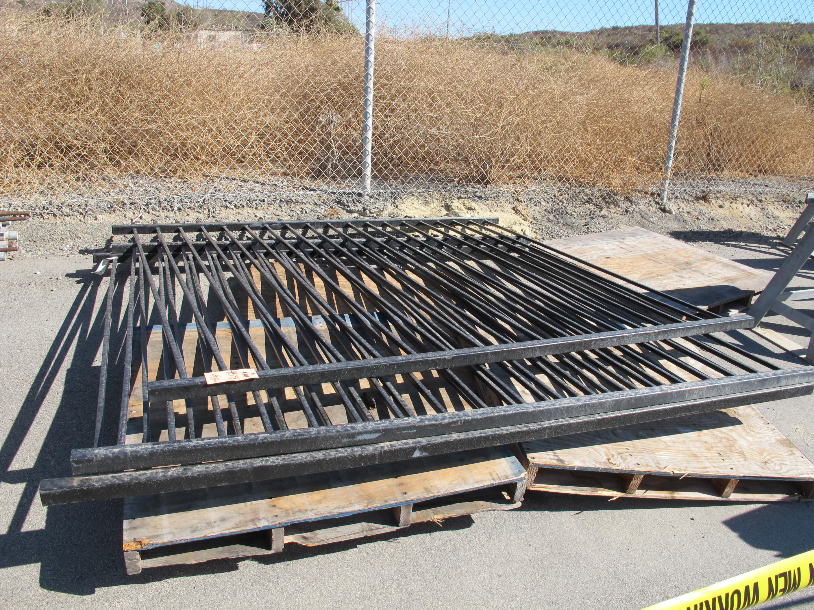 (3 SECTIONS) BLACK ROD IRON FENCING, 8' 9 1/2" W X 8' 2" L. LOADING & HANDLING FEE $15-4598